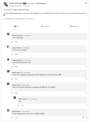 Screenshot of a coworker shoutout using the Build Then Bless platform